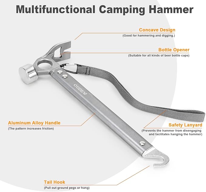 Tent Stakes and Hammer Set,10pcs 10 in Heavy Duty Metal Tent Stakes + 12in Camping Hammer + Reflective Camping Rope + Storage Bag,Camping Accessories for Ground,Camp and Graden (Silver)