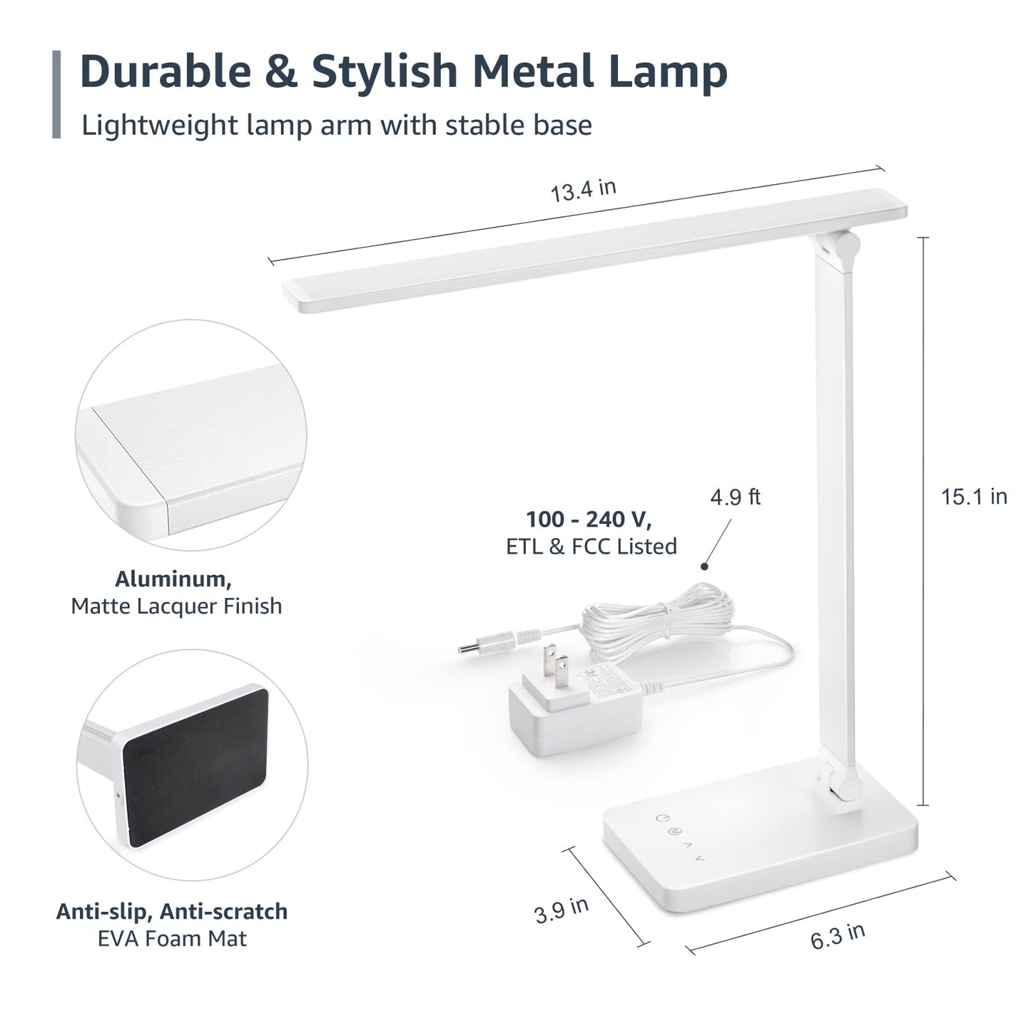 Lepro LED Desk Lamp, 9W 550lm, Dimmable, Touch Control, 3 Color Modes, Metal, White, Model PR310001-DWW