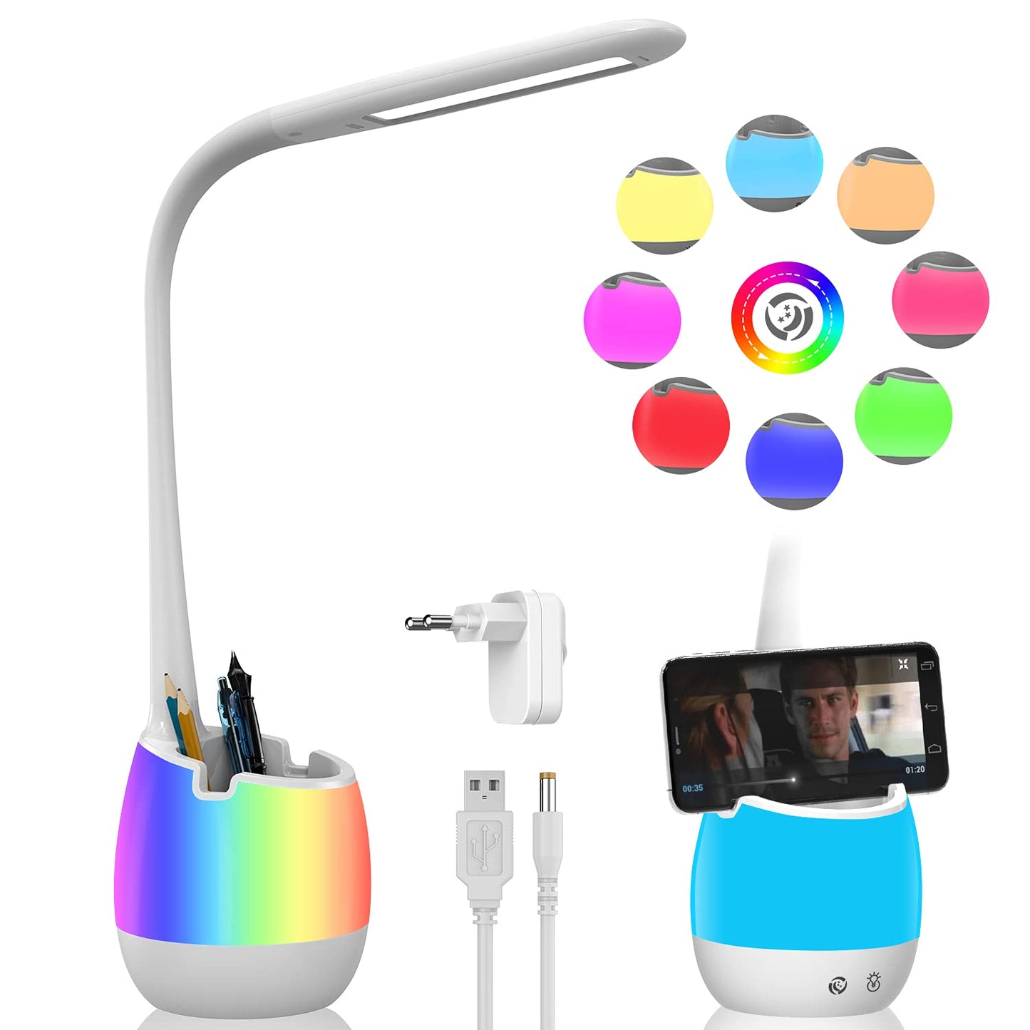 ERAY Kids Desk Lamp LED T22 Rechargeable 2000mAh with Pen Holder, 8 Colors, 3 Brightness Levels, Multicolor