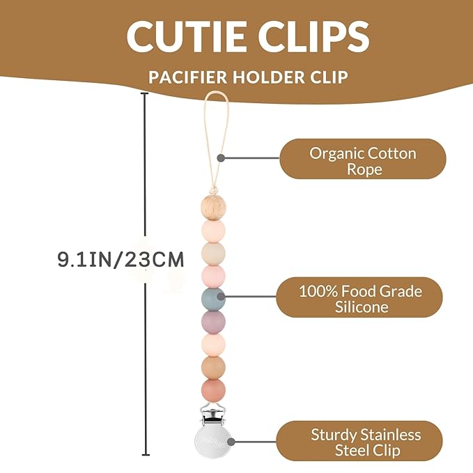2 Pack Pacifier Clips, Silicone Pacifier Clip for Baby Boys and Girls, Baby Pacifier Strap with Silicone Beads, Soother Dummy Holder, Pacifier Holder, Keeps Pacifier Clean (Blossom/Apricot)