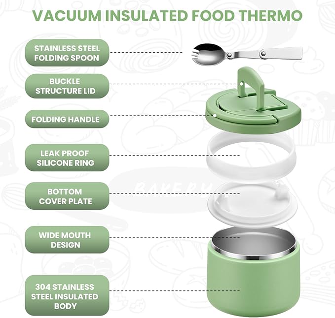Soup Thermo for Hot Food Kids 14oz Lunch Containers with Buckle Lid Wide Mouth Hot Food Jar Vacuum Insulated Stainless Steel Bento Box Leakproof with Spoon(Green)