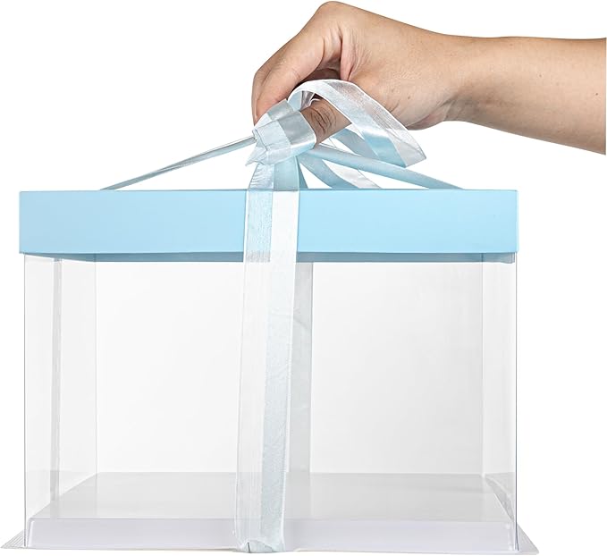 Restaurantware Sweet Vision 8.5 Inch x 6.75 Inch Transparent Cake Boxes, 10 Grease Resistant Base Clear Cake Boxes - Blue Lid, Blue Ribbon, Plastic Birthday Cake Boxes, For Weddings Or Birthdays