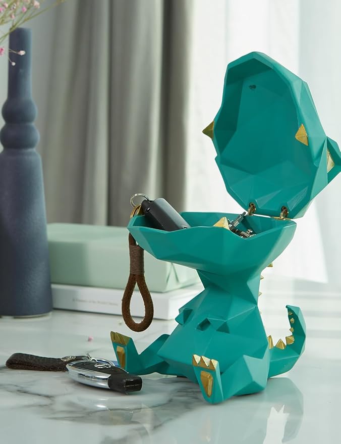 HAUCOZE Dinosaur Statue Candy Dish Key Bowl Dino Gifts Sculpture Modern Home Decor Accessories Pop Arts Polyresin Cookie Jar Green 7.5 inch