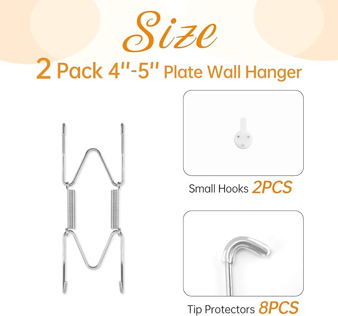 2 Pack Plate Hangers for The Wall, Suitable for 4-5 inch Art Plate, Stainless Steel Invisible Heavy Duty Wire Plate Holder with Wall Hooks, Plate Hangers for Displaying Plates, Platter, Dish, Silver