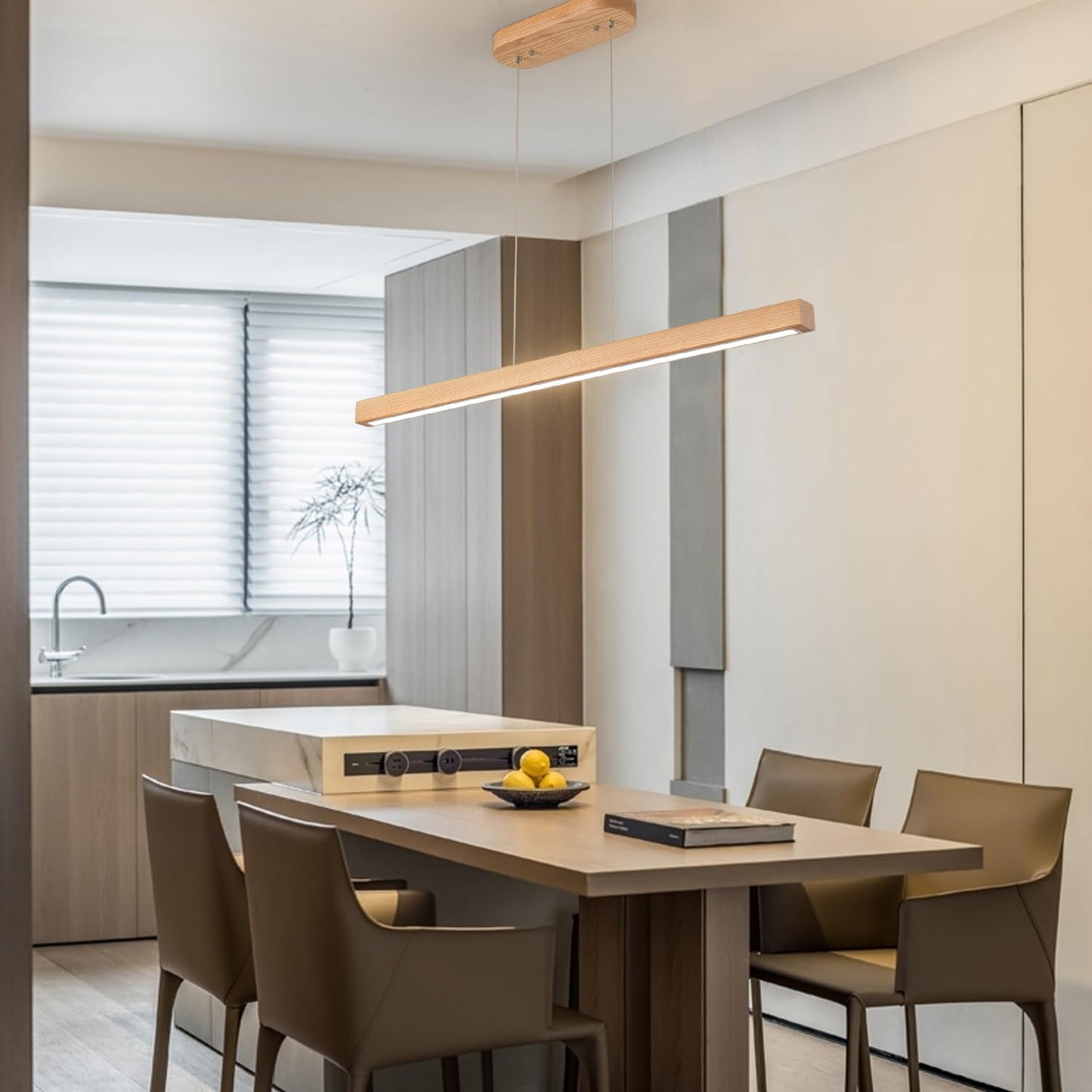 YISDESIGN 39in Wood Linear Pendant Light LED Dimmable Chandelier with Remote Control Natural Finish Model 2024-03