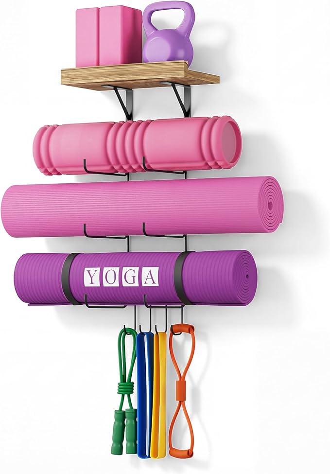 Bikoney Yoga Mat Holder Wall Mount Yoga Mat Storage Home Gym Accessories with Wood Floating Shelves and 4 Hooks for Hangin...