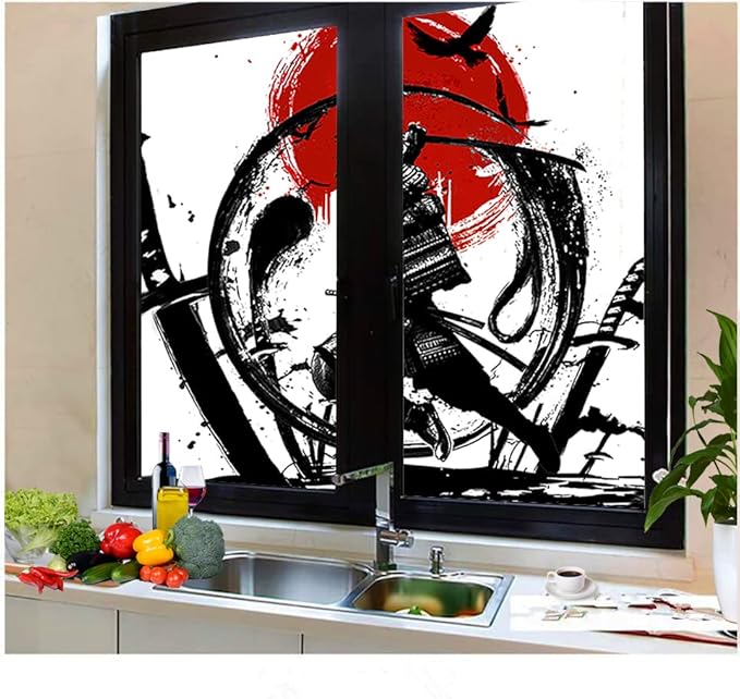 Japanese Samurai Decorative Window Film Watercolor Ink Samurai Sword Red Sun Printdining Room Window Film,Dorm Room Glass Film 23.6Wx35.4L-Inch X2Pcs