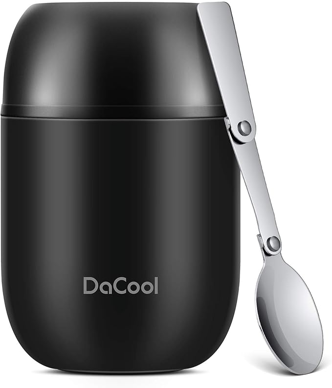 DaCool Insulated Lunch Container Insulated Food Jar 16 oz Stainless Steel Vacuum Bento Hot Lunch Box for Kids with Spoon Leak Proof Hot Cold Food for School Office Picnic Travel Outdoors - Black