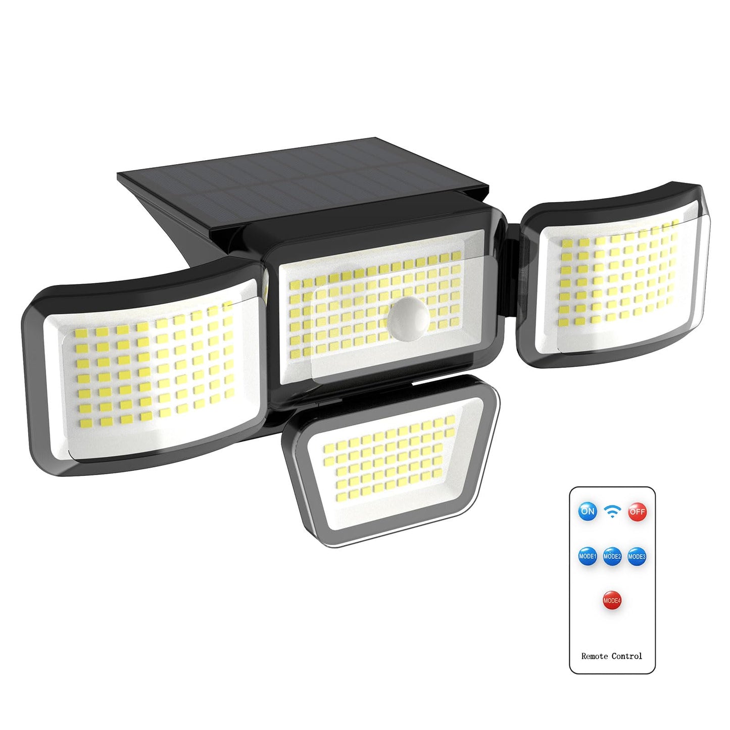 JJX Solar Outdoor Lights 3000LM 278 LED 4-Head Motion Sensor IP65 Waterproof 6500K Black