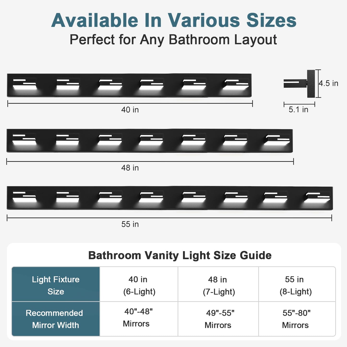 Lkhf Led Modern Bathroom Vanity Light Fixtures  8-Light 55-Inch Dimmable Matte Black Vanity Lights For Bathroom Lighting Fixtures Over Mirror  With 350?Rotatable Acrylic Heads (Cool White 6000K)