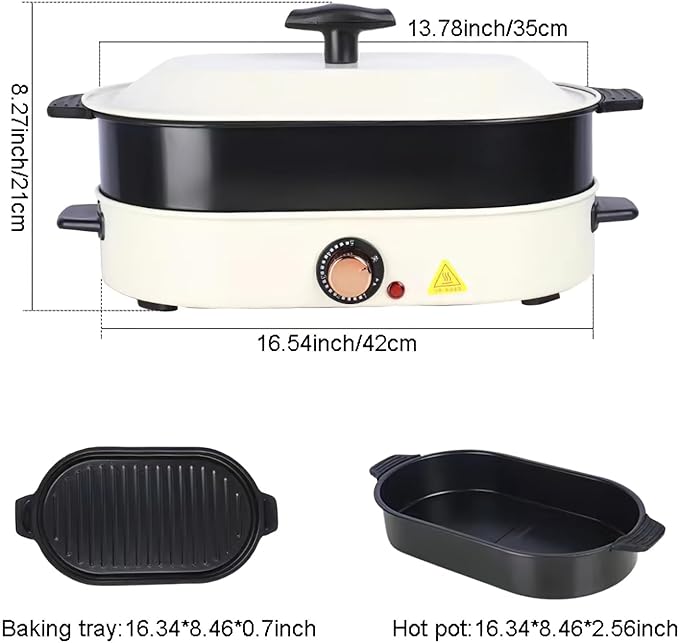 Multi-Functional Electric Hot Pot, 3-in-1 Non-Stick Cooking Pot with Steaming, Frying and Boiling Functions, Removable Grill Pan for Home and Dorm Use