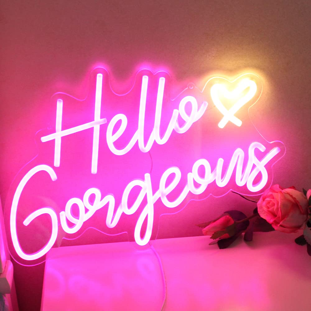 DAKABUKA Neon Sign, Hello Gorgeous Pink LED Light, Dimmable, 16.5x10.6 inches, Acrylic