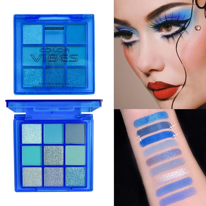 9 Colors Eyeshadow Palette - Blue Eyeshadow Theme, High Pigmented Blendable Matte & Glitter Shimmer Finishes, Long Lasting Eye Makeup for Christmas & Music Festivals(Blue)