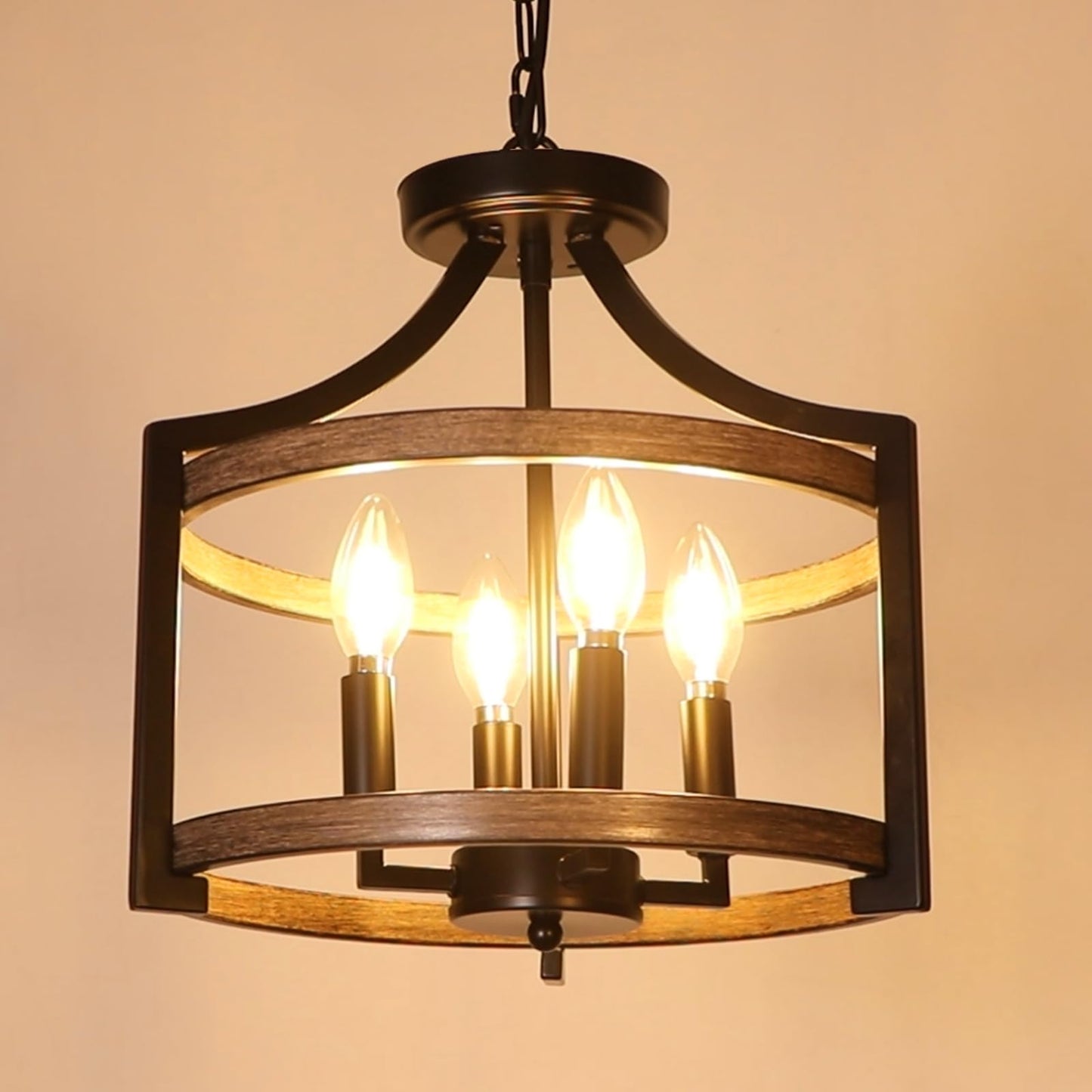 Wbindx 4-Light Farmhouse Chandelier  Rustic Metal Hanging Pendant Lighting  Convertible Semi Flush Mount Ceiling Light Fixture Faux Wood Black Chandeliers For Dining Room Kitchen Foyer Entryway