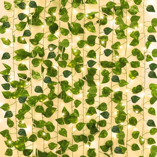 CEWOR 14 Pack 98ft Fake Ivy Vines, Artificial Ivy Garland with 100 LED String Lights, Hanging Plants Greenery Backdrop Gre...