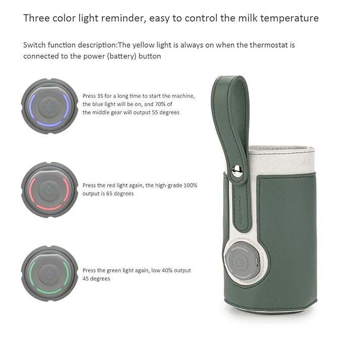 FTVOGUE Bottle Warmer Bag 3 Temperature Adjustable Portable Baby Bottle Warmer for Connecting to Mobile Power (Green)