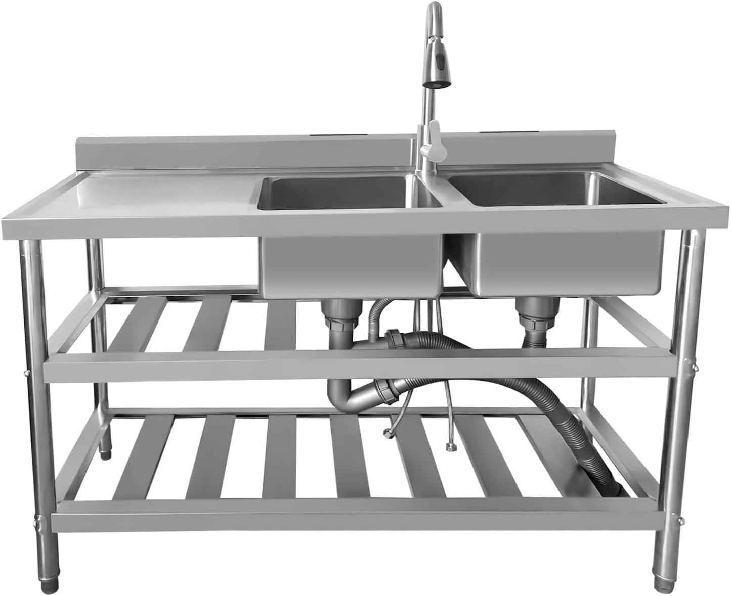 Vivrhintty Free Standing Kitchen Sink with Workbench, Stainless Steel Utility Sink with Set for Commerical, Outdoor, Garage, Laundry Room Use (47.24"D x 17.72"W x 31.89"H)