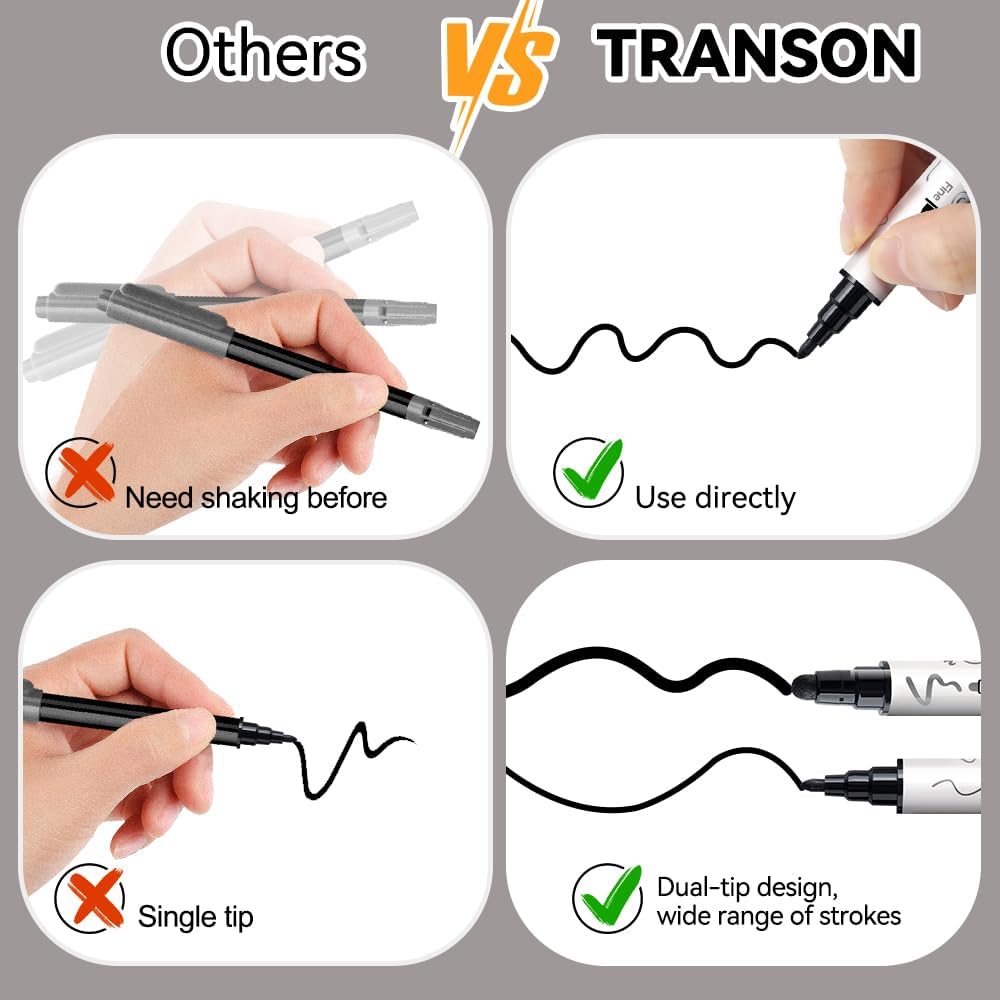 TRANSON 6 Black and 2 White Paint Markers Bold and Fine Dual-tip Acrylic Paint Marker for Rock Glass Canvas Wood Leather Ceramic DIY Painting