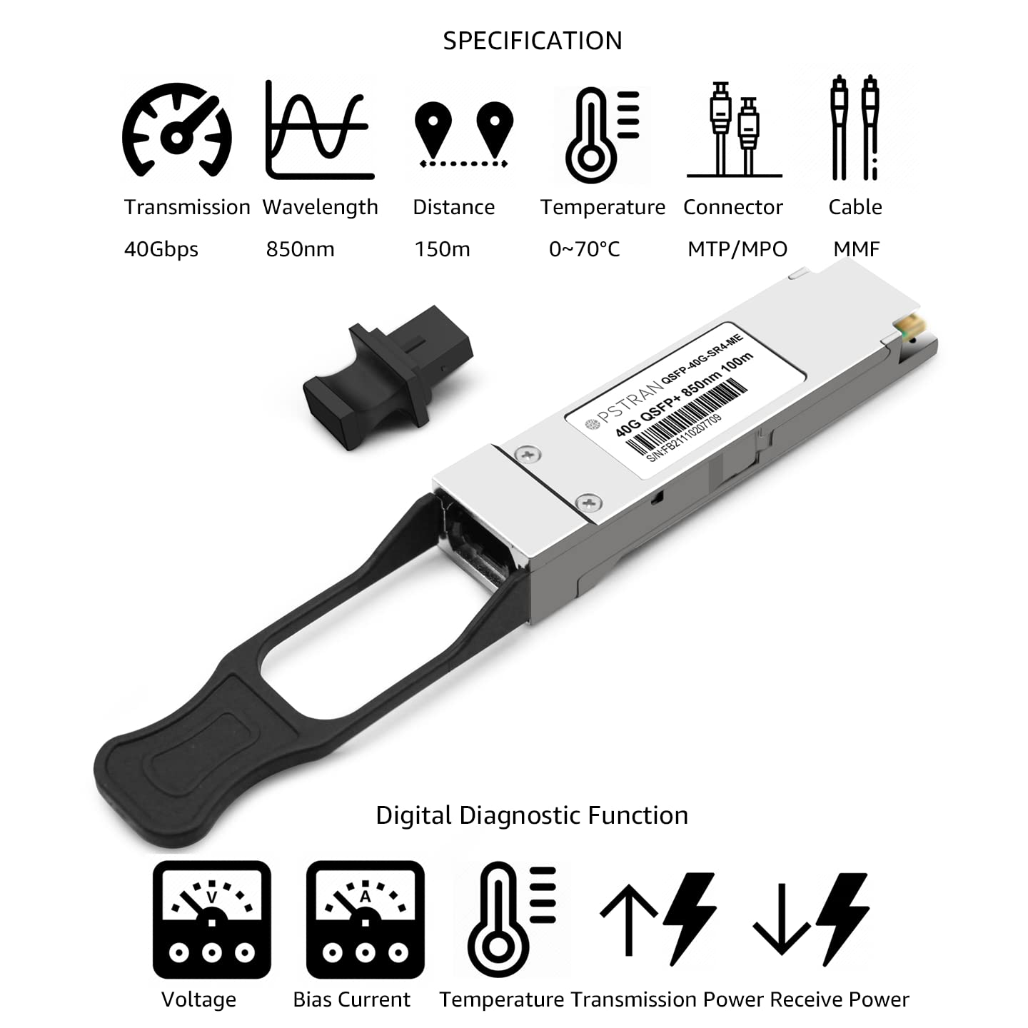 Opstran 40Gbase-Sr4 Qsfp+ Optical Transceiver Module Compatible With Mellanox Mc2210411-Sr4L Mc2210411-Sr4 850Nm 100M Ddm Mpo-12