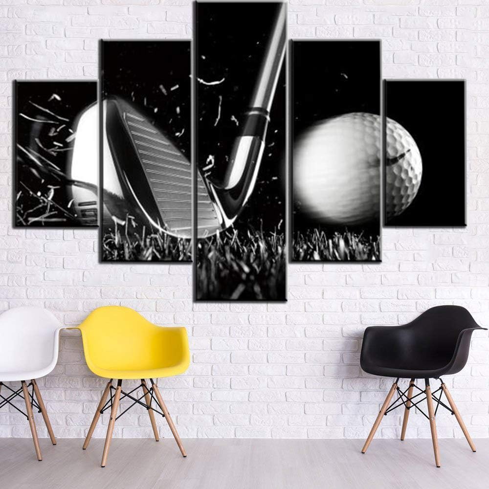 Black and White Paintings Golf Pictures 5 Panel Canvas Golf Ball Wall Art for Living Room Golfing Sport Artwork Contemporary Home Decor Giclee Framed Ready to Hang Posters and Prints(60''Wx40''H)
