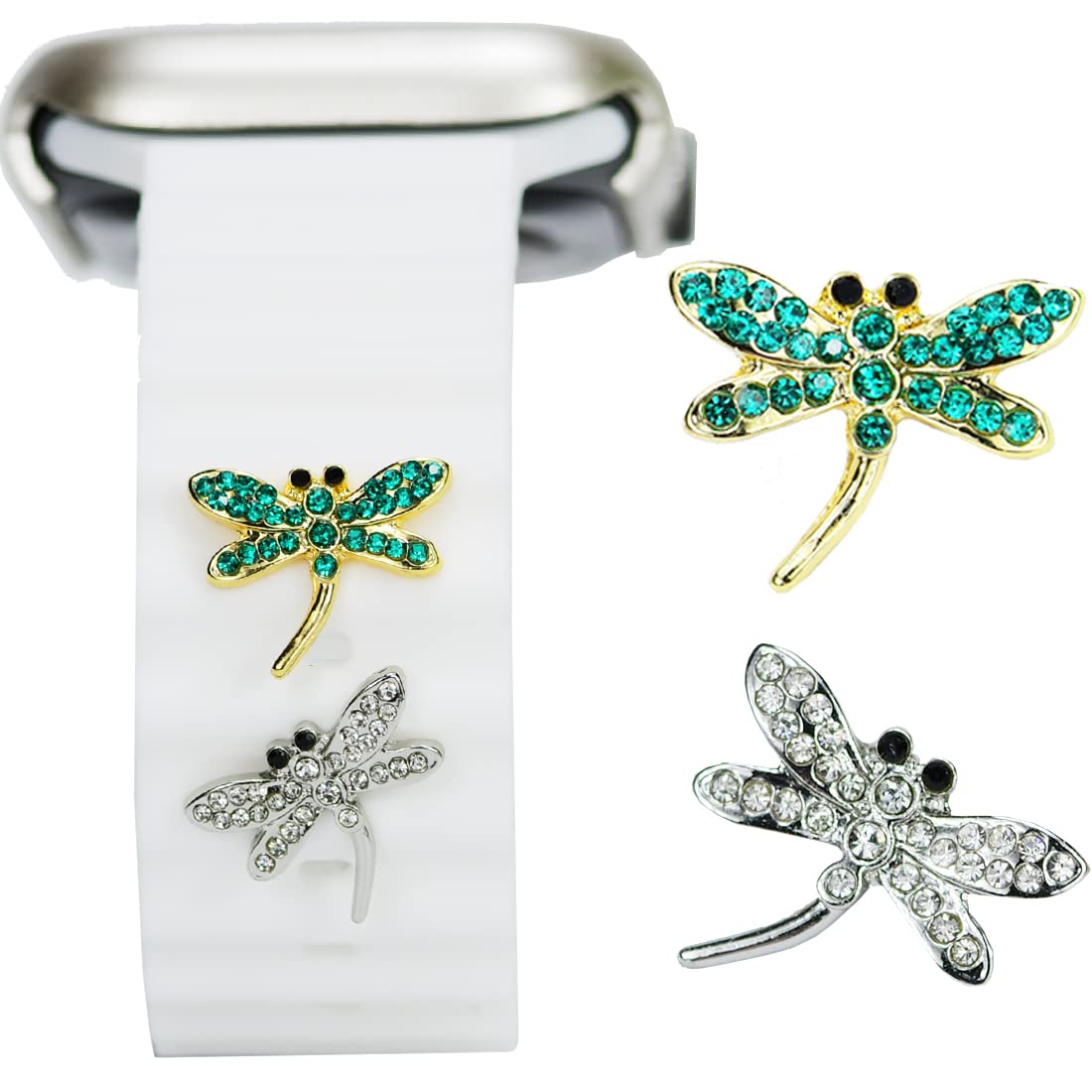 Sunoreek Green Dragonfly Silver Watch Band Charms For Apple , Gold Watch Band Charms For Women, Cute Cartoon Decorative Rings Lo
