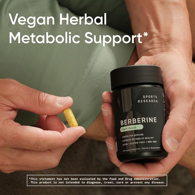 Sports Research Berberine - Herbal Ayurvedic Metabolic Health Support - 500mg - 120 Capsules - Vegan Certified, Gluten-Free, Non-GMO