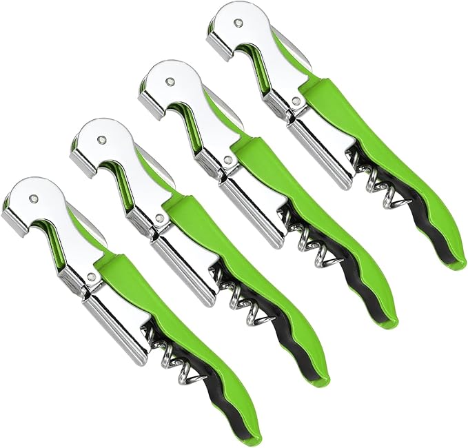 uxcell 4 Pcs 4.8" Stainless Steel Wine Opener, Waiter Corkscrew Professional Wine Key Bottle Opener with Double Hinged Foil Cutter for Bar Servers Waiter Bartender and Home, Green