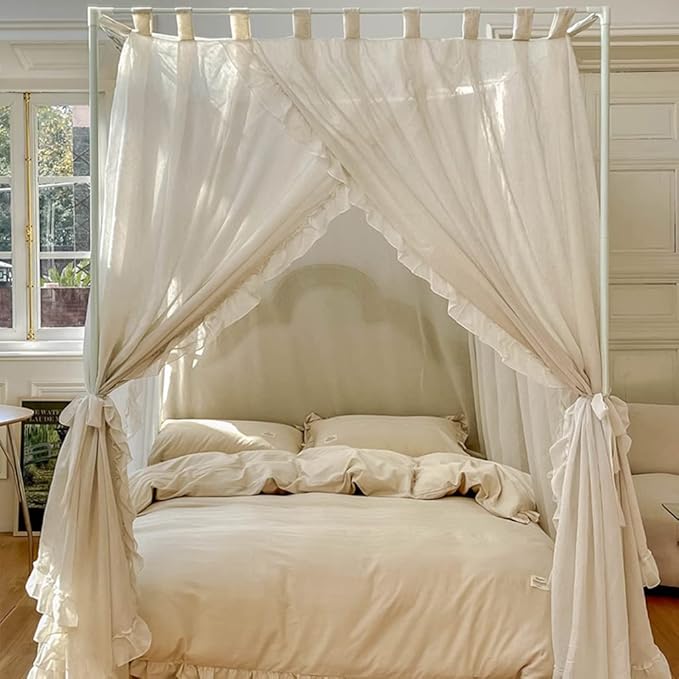 Elegant Modern Linen Princess 4 Corner Post Mosquito Net Romantic for Girls Women Bed Curtain Canopy for Adult Wedding Bedroom Kids Rooms Decoration (White-Beige, California King)