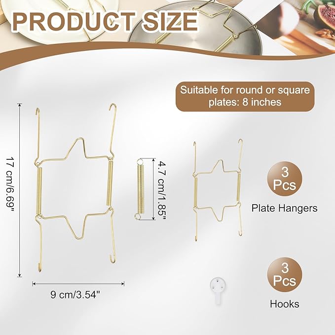 uxcell 3pcs Plate Hangers for The Wall, 8 Inches Stainless Steel Wire Plate Holders with Traceless Nail Displaying Plates Dish DIY Craft, Golden
