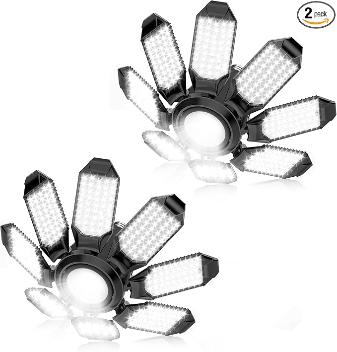 POLARPRA LED Garage Light - 2Pack Bright 50000LM Garage Lights Ceiling Led w/ 8 Deformable Panels 6500K Led Light Bulb Sre...