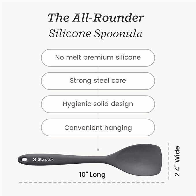 Starpack 'The All Rounder' Premium Silicone Spoonula - Upto 600F Heat Resistant Non Stick Grey 10" Silicone Spoonula Spatula for Cooking - LFGB Grade, Dishwasher Safe Kitchen Spoon Spatulas