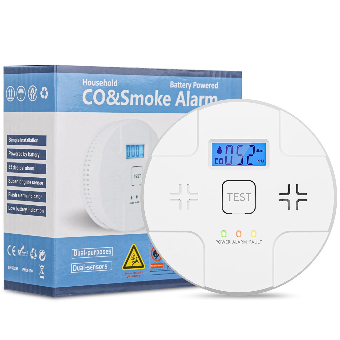 2 in 1,Combination Smoke and Carbon Monoxide Alarm,Detect CO,85 dB Alert,LCD Digital Readout,with 3 * 1.5V AA Batteries,Low Battery Warning,Self Test Button,Easy Installation and Maintenance