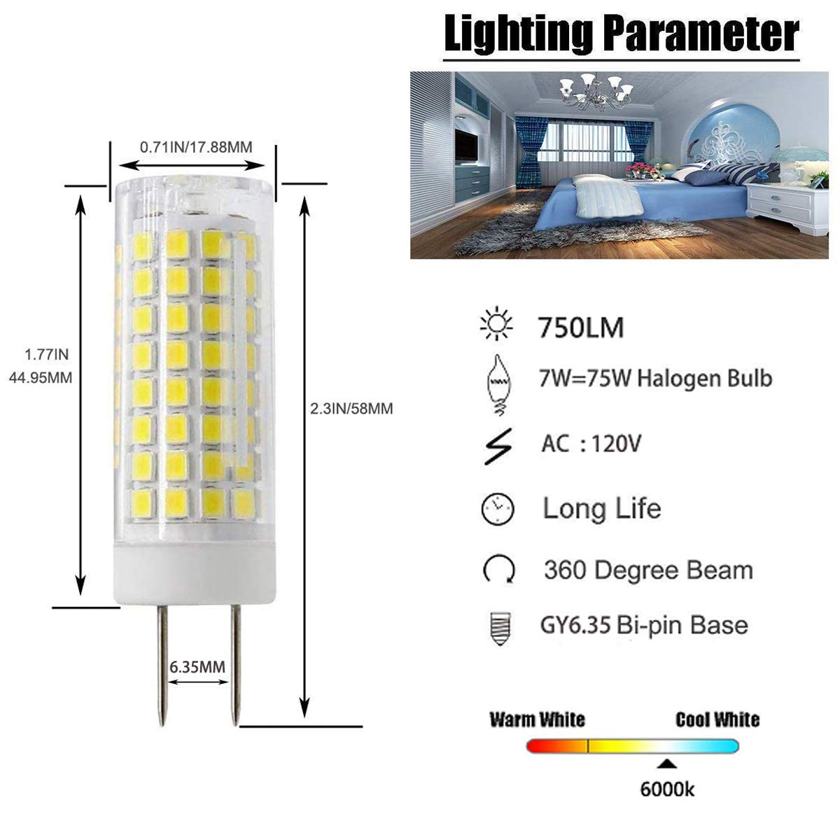 Syxkj G8 Led Bulb 7W Ac120V 750Lm Bi-Pin Base 2 Pack White 6000K Ceramic