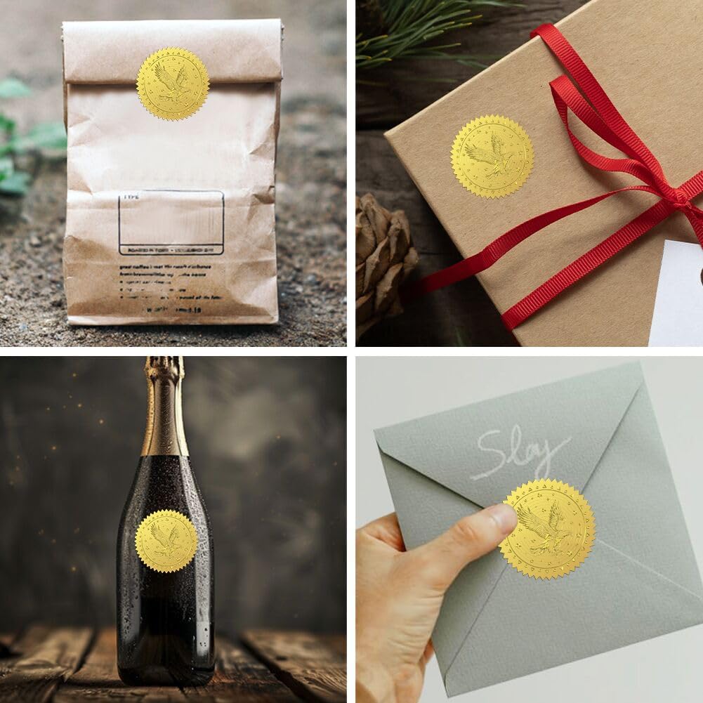 Peacoblue Gold Foil Stickers Seals Embossed 2 Inch 100Pcs Eagle, Self Adhesive Gold Around Embossing Stickers for Envelope Seals, Gift Decor, Certificate Paper, Birthday Party Invitation