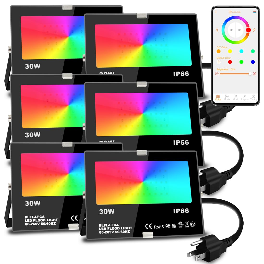 MELPO 30W LED Flood Light, 3000 LM, Color Changing, Bluetooth RGBW, IP66, Black, Model BLFL-LFCA, 6 Pack