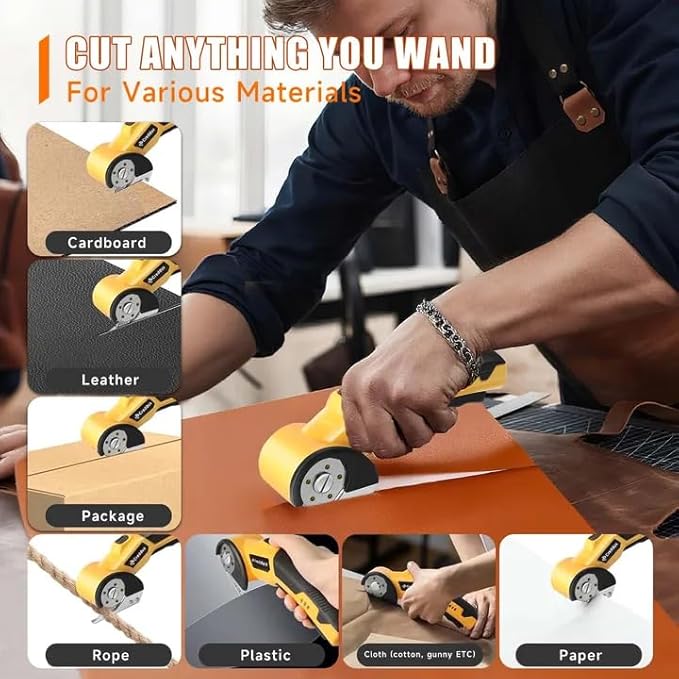 Cordless Electric Scissors，Cardboard Cutter Heavy Duty Scissor with 3 Blade, Safety Lock & Extra Blade，Rotary Cutter for Cardboard Fabric Plastic Leather Yellow