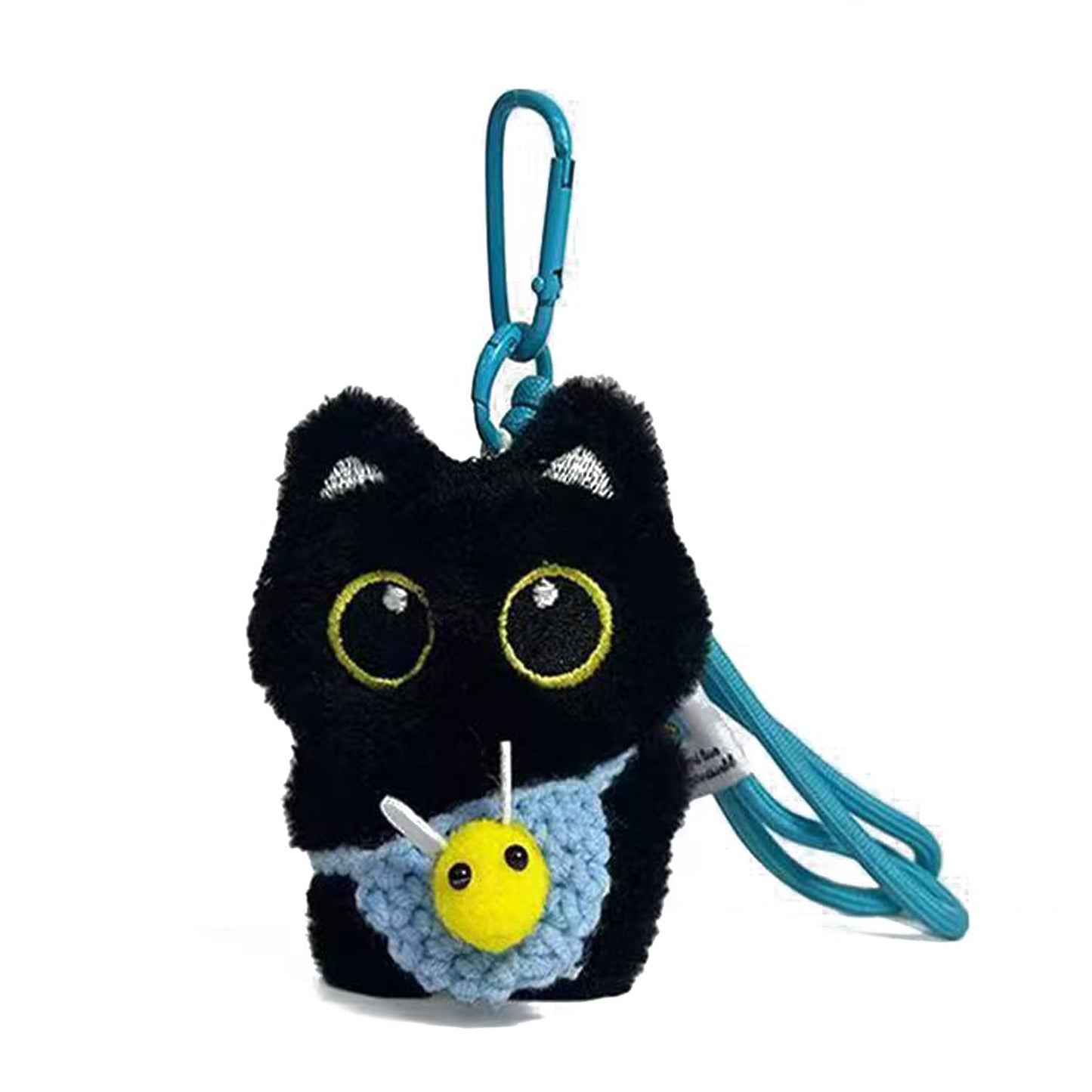 QUIBBLY Black Cat Keychain, Plush Cute Pendant for Handbags, Backpacks, Wallet with Detachable Bag DIY Trinket Gifts (Blue)