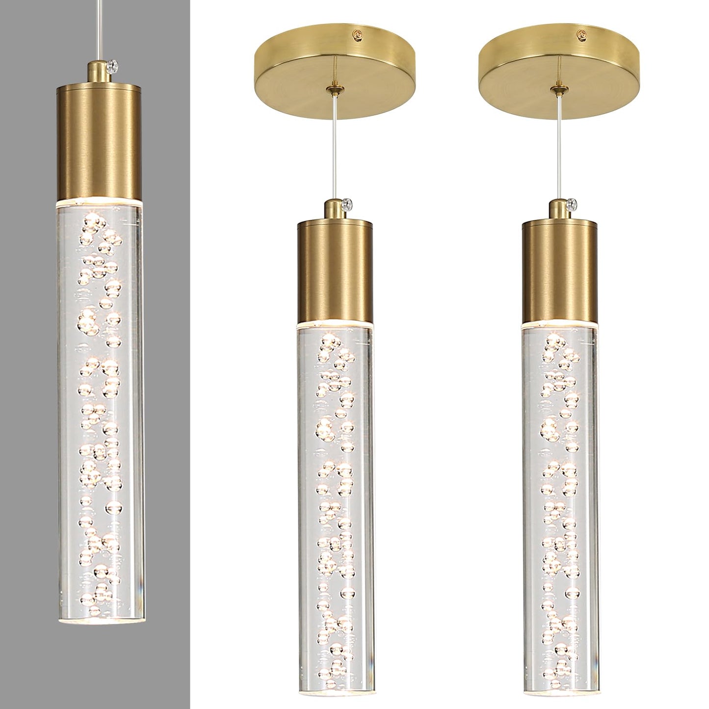 2 Pack Modern Kitchen Island Hanging Light  Gold Led Pendant Lights Fixture  Bubble Acrylic  3 Color Temperatures  Mini Ceiling Chandelier Lighting For Dining Room  Bedroom  Foyer Entrance  Cafe Bar
