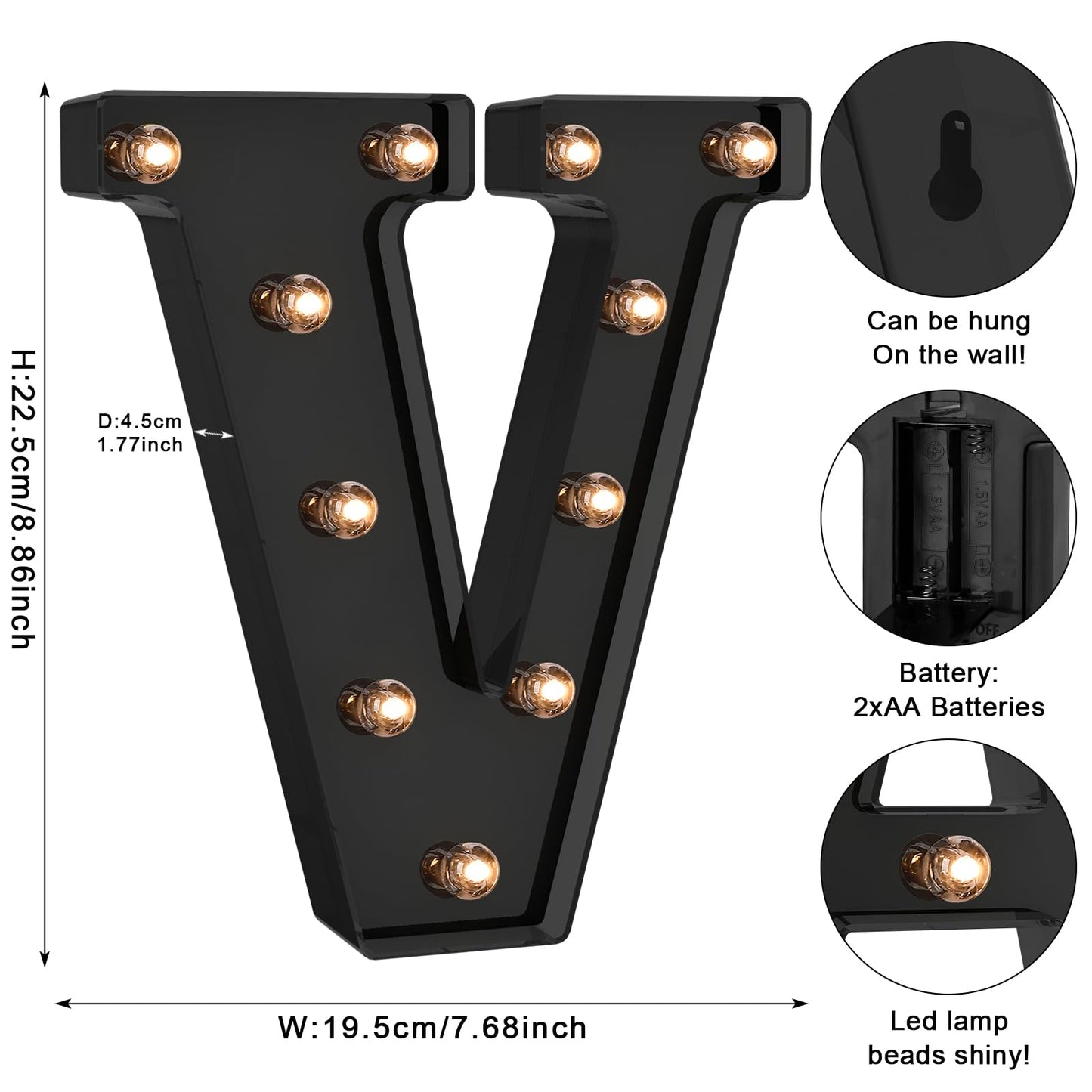 Foaky LED Letter Lights - Black Alphabet Lights for Home Decor - Battery Operated, Size V, Model Black-25