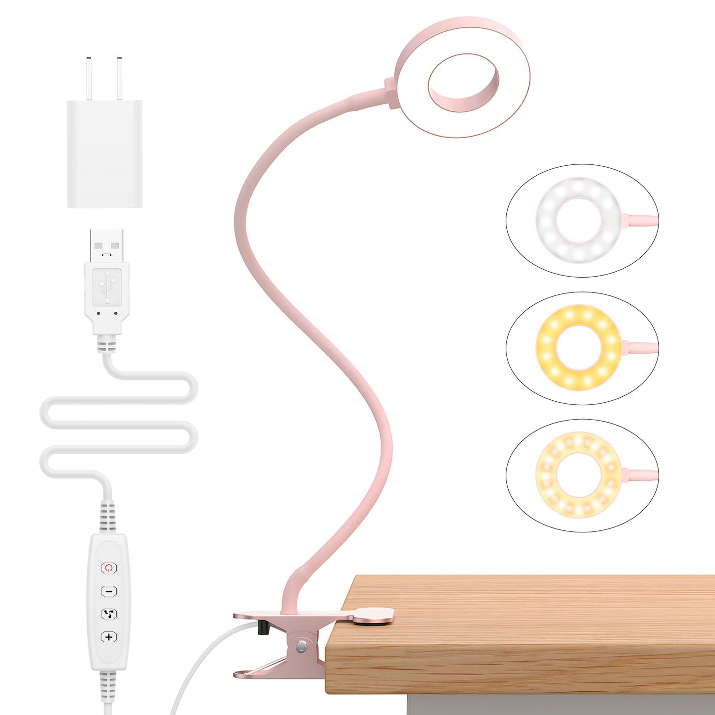 iZELL Desk Lamp, LED Reading Light with Clamp, 3 Color Modes & 10 Brightness Flexible Arm Book Light for Kids Reading Book in Bed at Night Clip on Table, Computer, Zoom Meetings - 27.6‘’ Pink