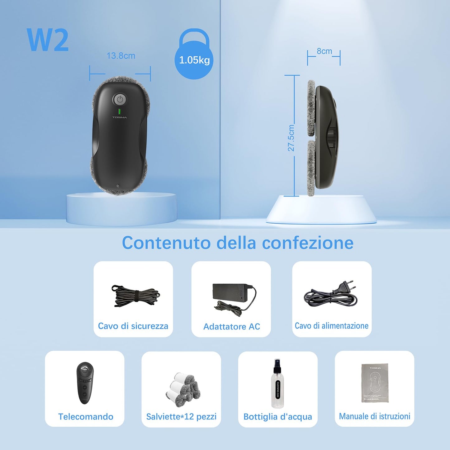 Tosima Window Cleaning Robot W2, Automatic Cleaning With Intelligent Path Planning, 3800Pa Suction Power, Edge Detection Technol