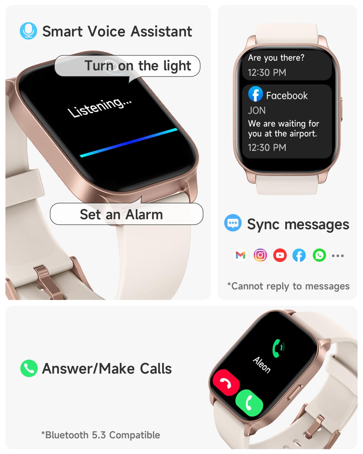 TOOBUR Smart Watch for Women, Smartwatch Compatible Android and iOS Phone, Answer/Make Calls, Fitness Tracker Watch, Heart Rate/Sleep Tracker/100 Sports/IP68 Waterproof, Ivory