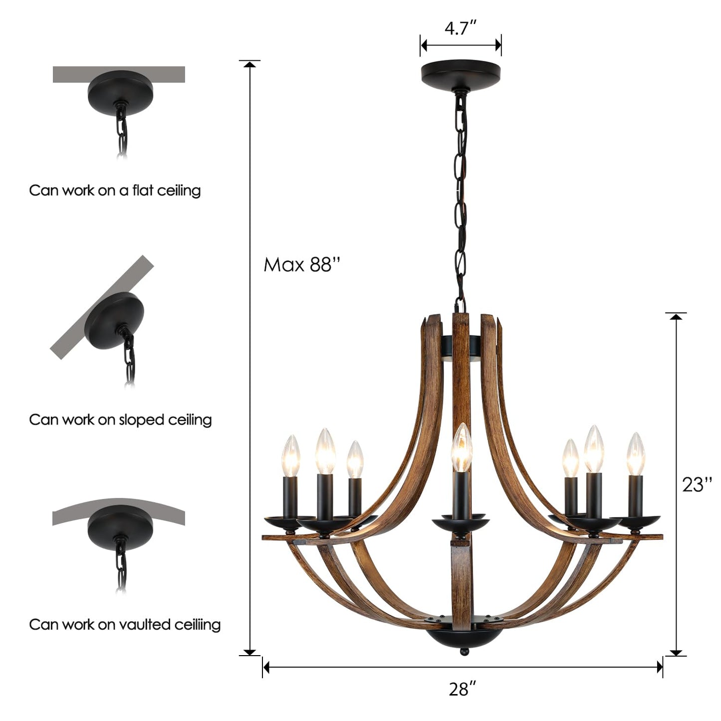 Lampkeduo Rustic 8-Light Chandelier Fixture, 28 Adjustable, Black & Faux Walnut, Model D9901-8 For Dining Room, Kitchen, Foyer