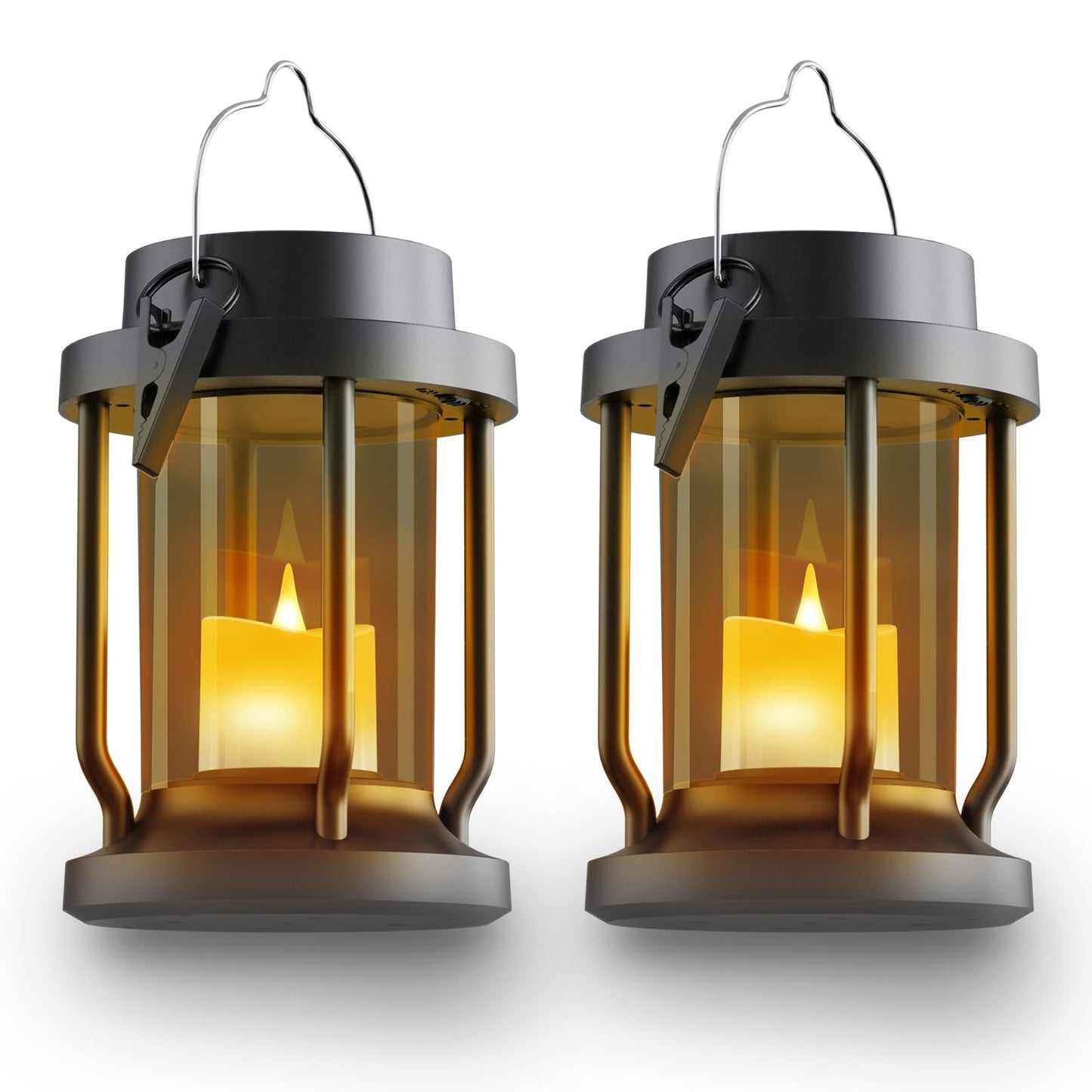 FriutShine Solar Lantern ·Flameless Candle, Weatherproof, 2 Pack, Black + Gray, Model L01