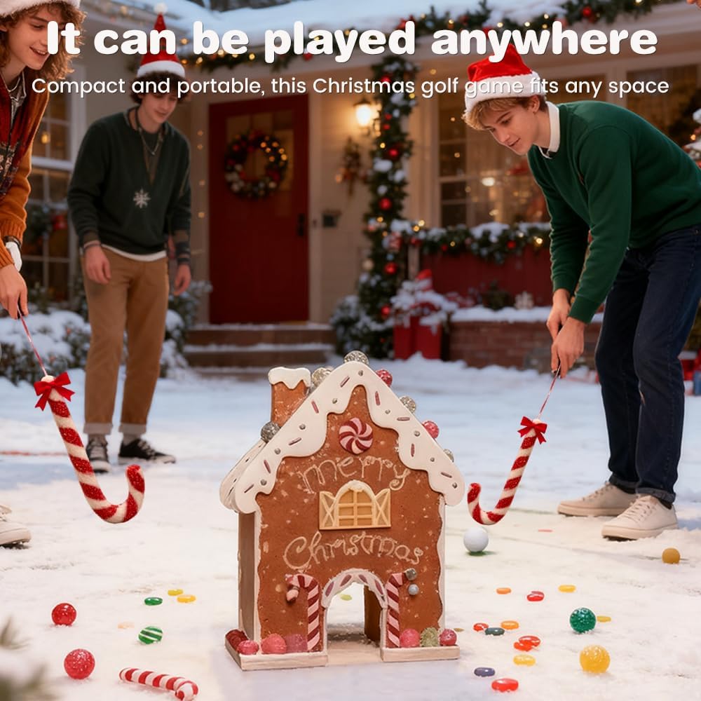Gingerbread Golf Game Set, 2026 New Christmas Mini Golf Course with Candy Cane Clubs 6 Balls, Funny Indoor Gingerbread House Golf Game Kit for Family Holiday Party (1set 1balls)