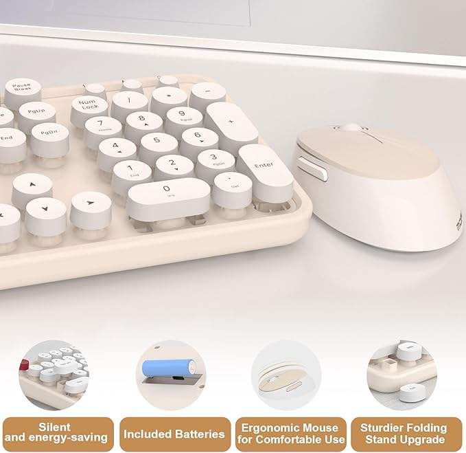 Cream Wireless Keyboard Mouse, COOFUN 104 Keys Full Size White Keyboard Ergonomic Cordless Keyboards Cute Colorful Retro Typewriter Key Board for Windows, PC, Laptop, Desktop (Creamy)