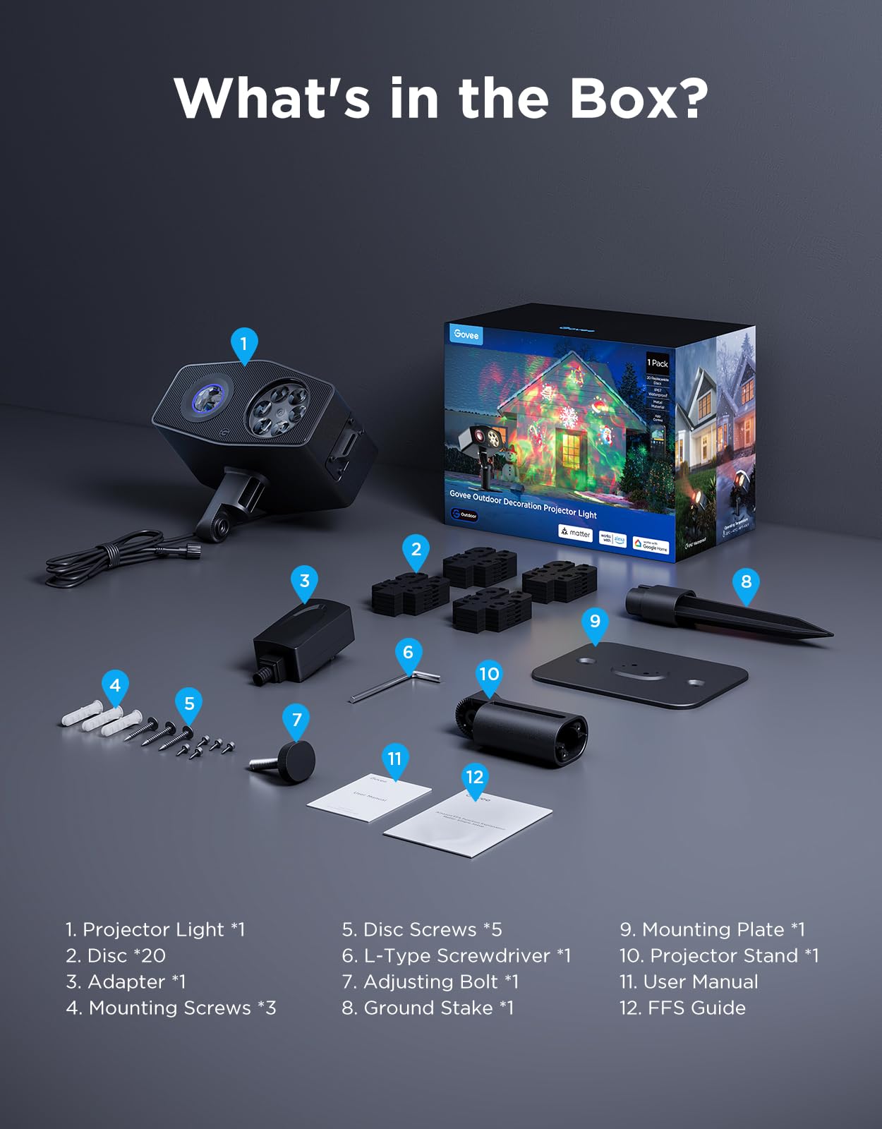 Govee Outdoor Decoration Projector Light, 20W LED Snowflake Projector, IP67 Waterproof, 180° Rotation, 20 HD Effects & 58 Scene Modes with App Control, Works with Alexa, Google Assistant, Matter