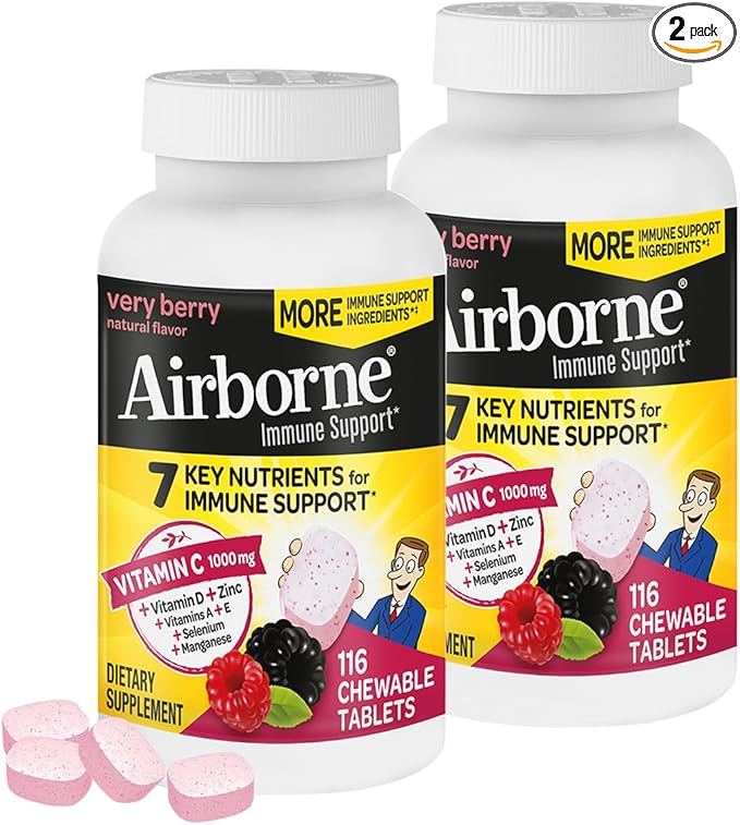 Airborne 1000mg Vitamin C + Zinc Immune Support Supplement Chewable Tablets, Very Berry Flavor with Powerful Antioxidants Vitamins A C & E, 116 Chewable Tablets (2 Pack)