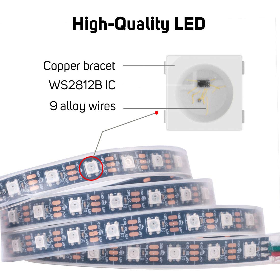 BTF-LIGHTING WS2812B RGB LED Strip 3.3FT 60Pixels/m IP65 Black Flexible Dream Color
