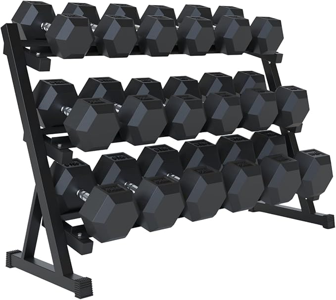 StrengthUSA Rubber Hex Dumbbell Set with Rack, 8/10/12/15/20 Pair (450/550/780/1200/1550/2100 lbs total) Weight Rack with ...
